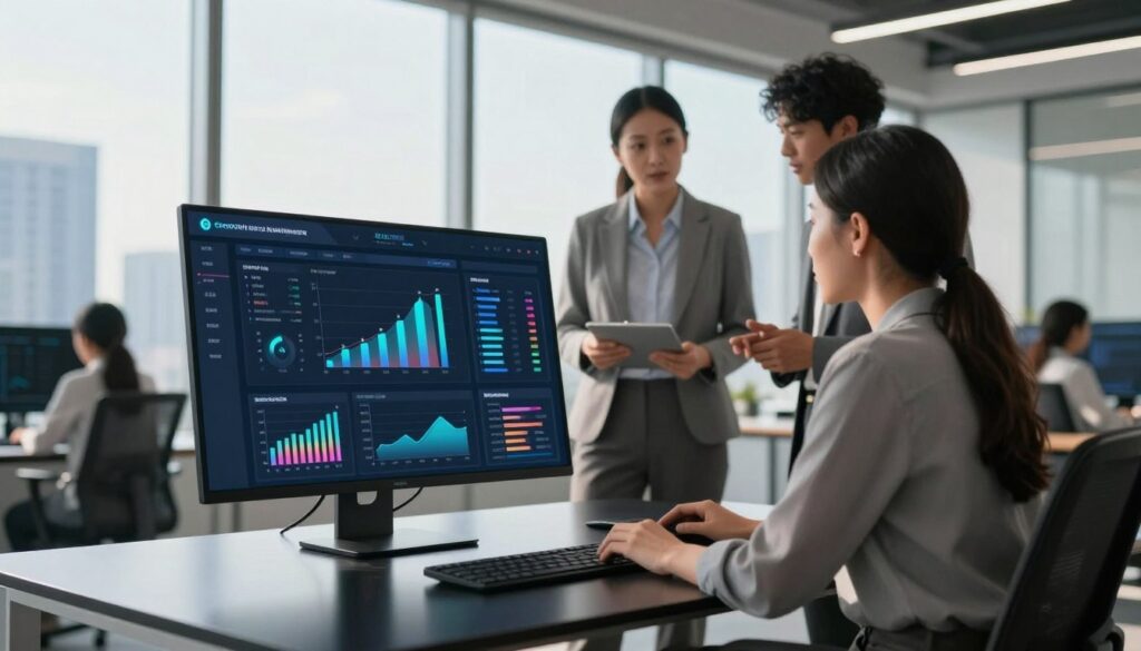 A modern control hosting panel displayed prominently in the foreground, showcasing a sleek, user-friendly interface with vibrant graphs and performance metrics. The panel should be placed on a sophisticated black desk in a well-lit, contemporary office space, with a subtle glow emanating from the screen. In the middle ground, three professionals in smart business attire (two men and one woman) engage in a discussion, examining the details on the panel. The background features large windows with a city skyline view under a bright, sunny day, adding a sense of clarity and futuristic optimism. The overall atmosphere should convey professionalism, technological advancement, and efficiency, with soft, natural lighting highlighting the scene. Use a standard lens perspective to enhance the depth and details.