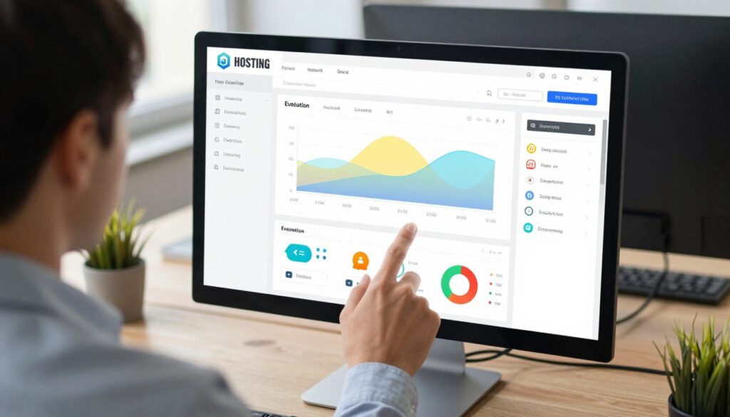 A modern hosting control panel interface displayed on a sleek computer monitor, featuring a user-friendly dashboard with colorful graphs, server status indicators, and navigation menus. In the foreground, there's a professional-looking individual in business attire, intently analyzing the panel, highlighting the concept of evaluation. The middle section showcases the monitor with rich detail, including vibrant icons and interactive widgets. In the background, a contemporary office environment with soft lighting creates a focused atmosphere. The scene is captured from a slightly elevated angle, bringing a dynamic perspective to the layout, while maintaining clarity. The overall mood is professional and engaging, emphasizing the importance of choosing the right hosting options.