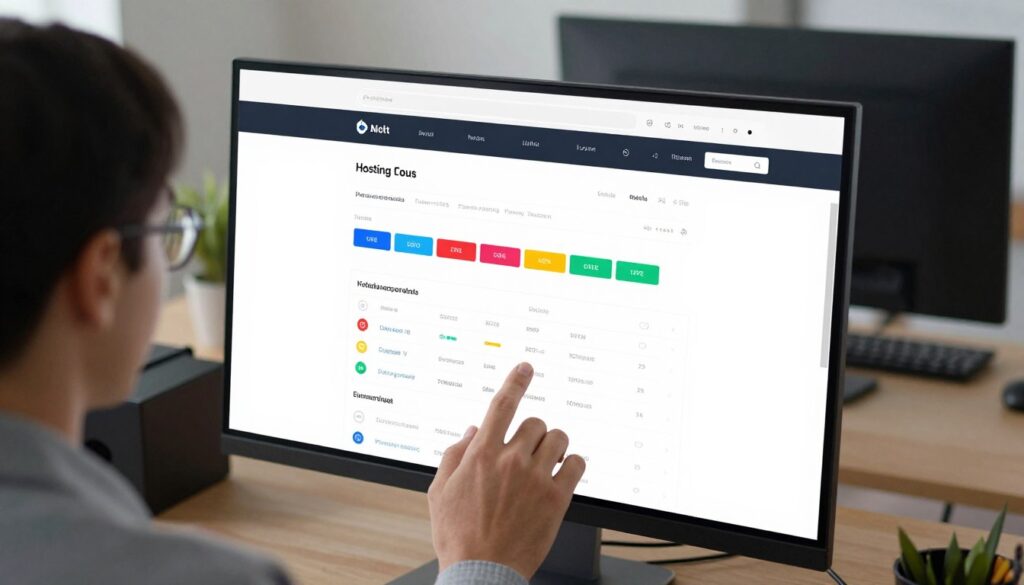 A modern web hosting control panel interface displayed on a sleek computer monitor in a well-lit office environment. In the foreground, a professional person in business attire interacts with the control panel, focusing intently on the screen filled with graphical elements like charts, performance metrics, and server options. The middle section emphasizes prominent features of the control panel, showcasing colorful buttons and intuitive navigation tools. The background reveals a tidy workspace with additional tech equipment and soft ambient lighting, suggesting an atmosphere of productivity and technology. The angle is slightly above eye level, capturing both the user’s engagement and the detailed interface, creating an inviting, professional mood. Avoid any text or branding outside of the interface itself.