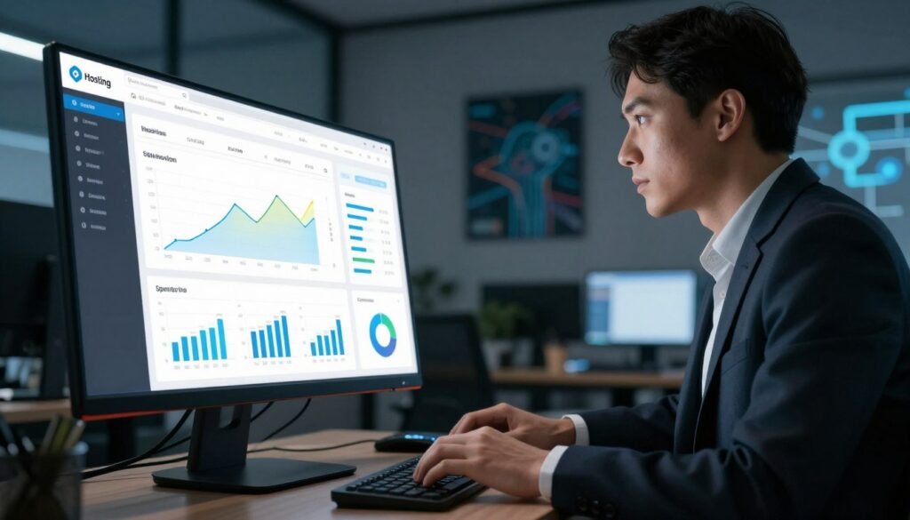 A sleek and modern web hosting control dashboard displayed on a high-resolution monitor. In the foreground, the interface features vibrant graphs and charts showcasing server performance, user activity, and resource usage, illuminated by soft ambient lighting. In the middle ground, a professional-looking individual dressed in smart business attire is intently observing the data, with a focused expression, hands poised on a keyboard. The background shows a dimly lit office with abstract technology-themed artwork on the walls, creating a professional atmosphere. The scene is captured from a slight low-angle perspective, emphasizing the importance of the dashboard. Overall, the mood conveys a sense of professionalism, efficiency, and the power of technology in managing web hosting services.