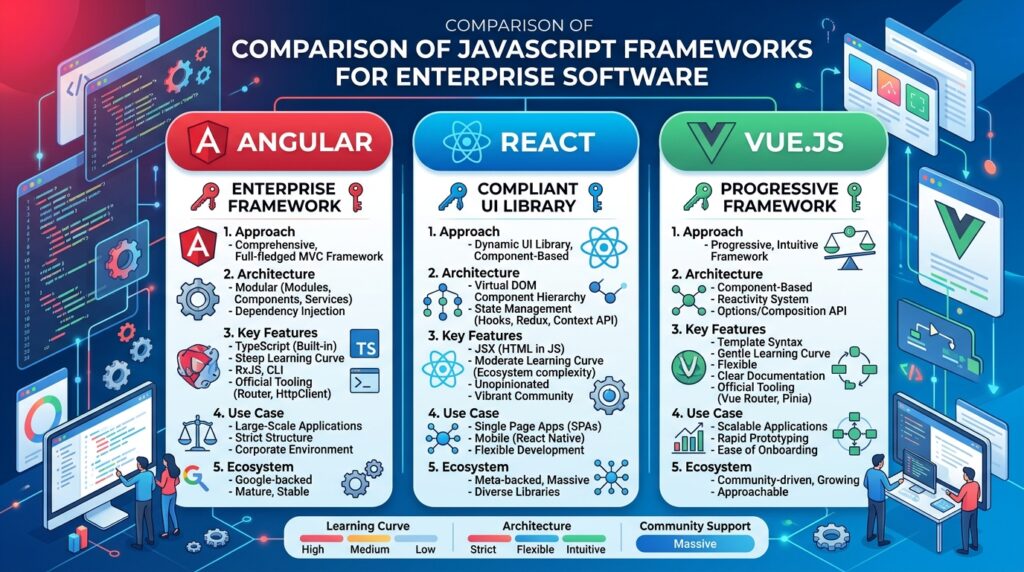 Comparison illustration of Angular, React, and Vue frameworks for enterprise software
