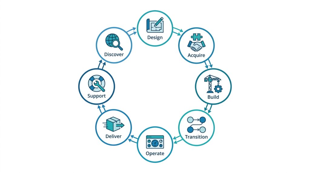 ITIL 5 Product and Service Lifecycle Model with eight iterative activities.