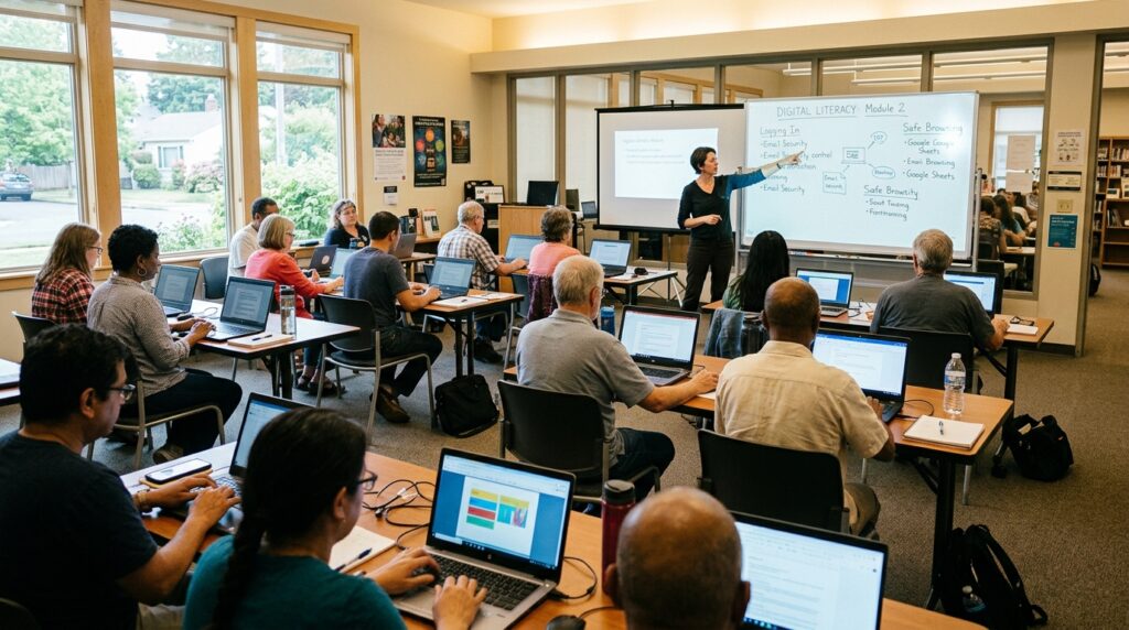 Community digital skills class with adult learners and an instructor