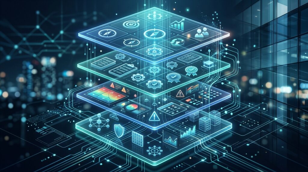 Layered architecture showing COBIT and NIST cybersecurity framework integration