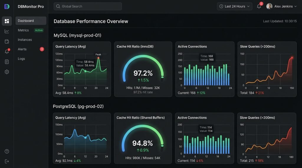 Database performance monitoring dashboard showing MySQL and PostgreSQL metrics including query latency and cache hit ratio