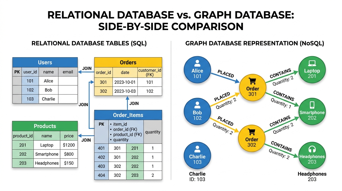 Graph database vs relational database data model architecture comparison