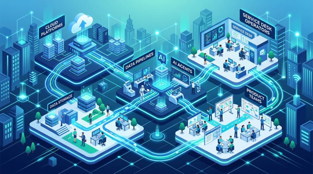 Isometric illustration of an AI-enabled digital service ecosystem aligned with ITIL Version 5