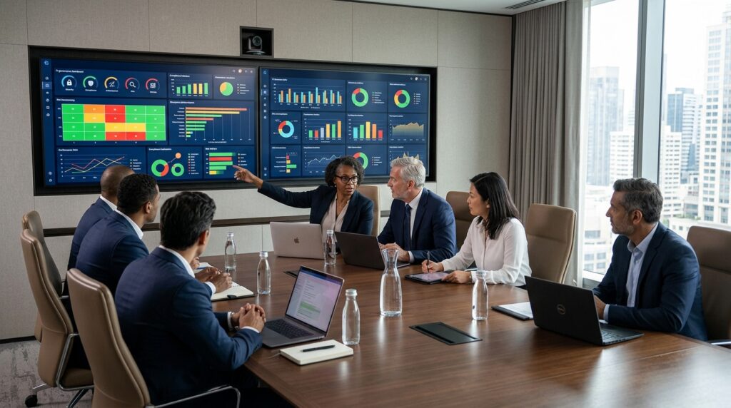Executives reviewing COBIT IT governance metrics in a corporate boardroom