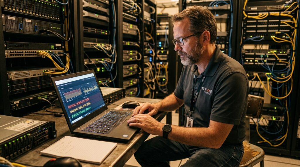 Experienced infrastructure engineer reviewing server monitoring alerts