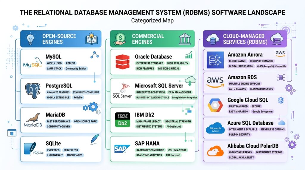 Relational database management system software landscape including open-source, commercial, and managed cloud options