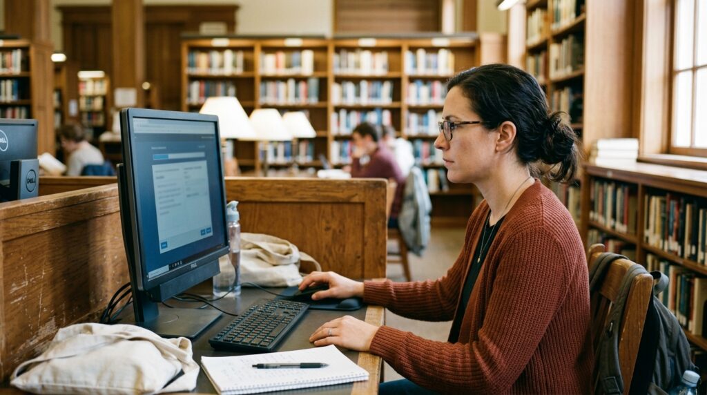Adult learner completing a proctored digital literacy assessment at a public library
