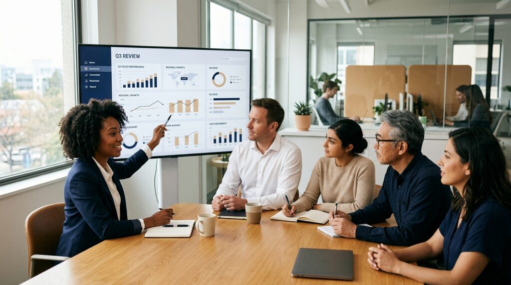 Diverse professional team analyzing a digital dashboard during a workplace training session Title: Modern professionals applying digital literacy skills in a real workplace setting