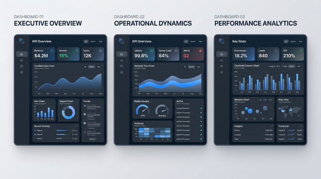 Enterprise dashboards built with Angular, React, and Vue Side-by-side enterprise dashboard mockups representing Angular, React, and Vue applications