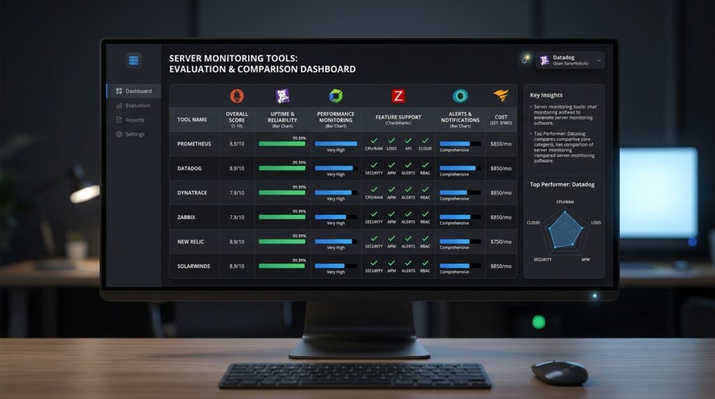 Comparison table of server monitoring tools features and pricing