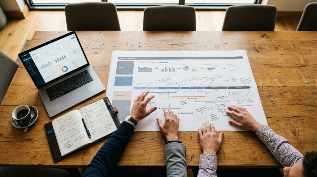 From Strategy to Sustained Execution Strategic roadmap and analytics dashboard on a conference table during a digital inclusion program planning session.