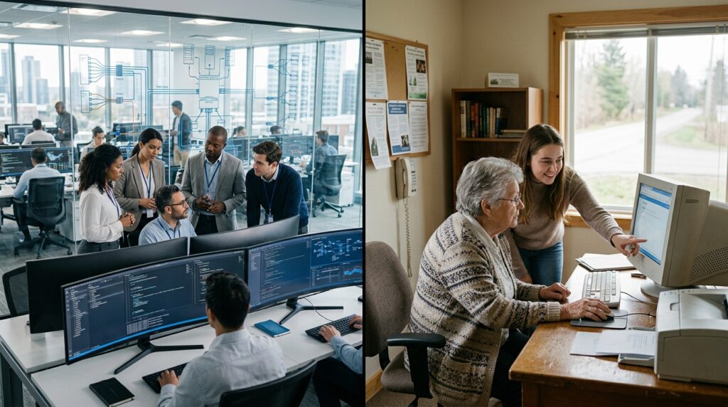 The Two Faces of Connectivity: The Modern Digital Divide Side-by-side comparison of a high-tech corporate environment and a rural community digital learning center illustrating the digital divide.