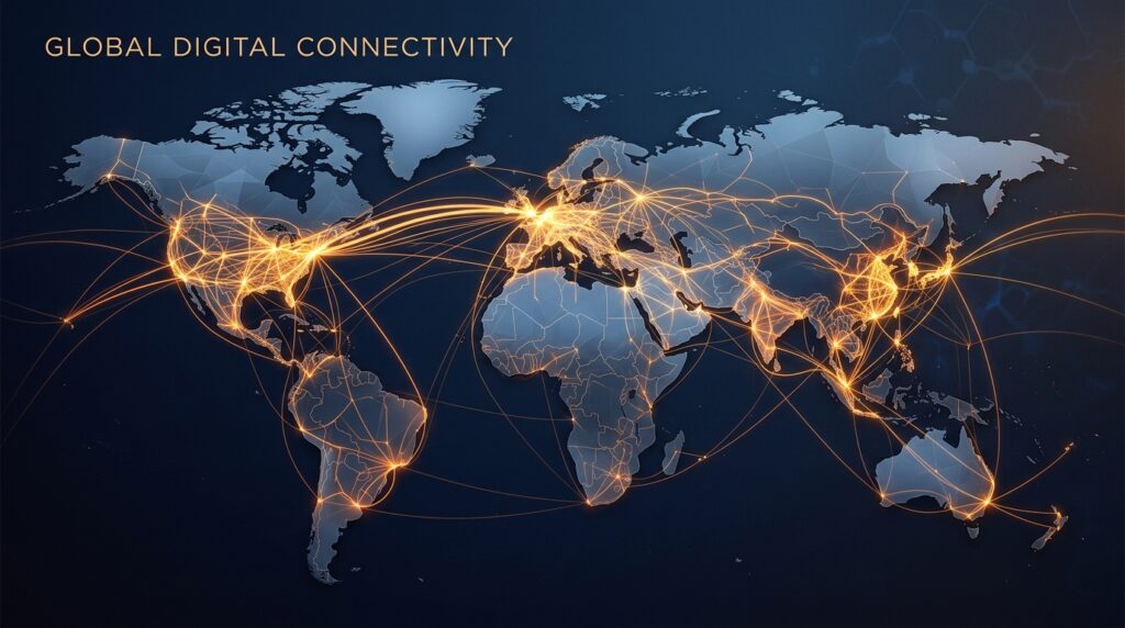 Global Connectivity Asymmetries Stylized world map illustrating uneven global digital connectivity across regions.