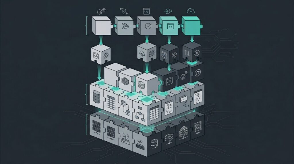 Flat illustration of a custom software application stack being assembled from modular code blocks with visible deployment pipeline database schemas and server infrastructure layers