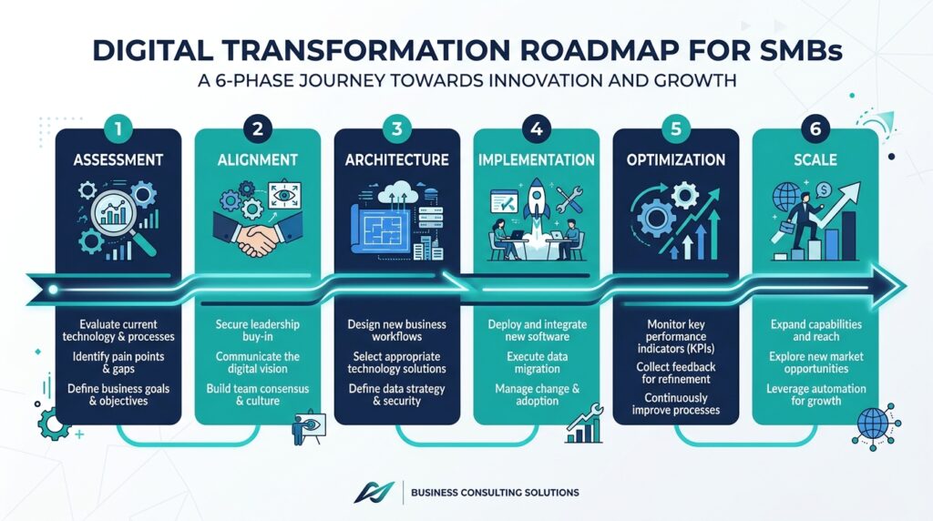 Infographic illustrating a six-phase digital transformation roadmap for SMBs, covering assessment, strategic alignment, architecture, implementation, optimization, and scaling — designed for business owners and COOs planning their digital transformation journey.