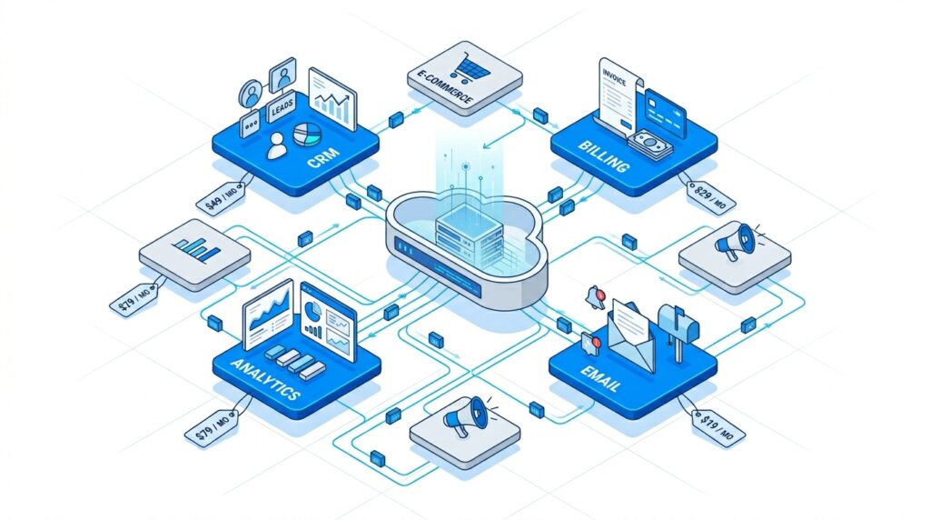 Isometric illustration of a SaaS cloud ecosystem showing multiple connected application tiles orbiting a central cloud server with API connections and subscription pricing symbols