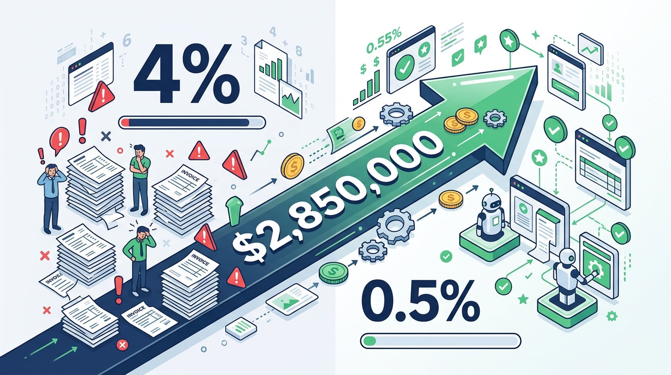 Visual diagram showing error rate reduction formula applied to invoice processing, with before-and-after error rates and calculated annual savings of $12,250