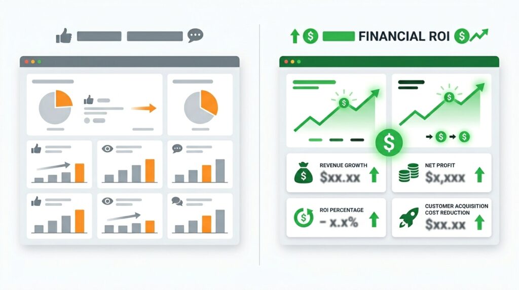 Side-by-side comparison dashboard showing vanity tech metrics on the left with superficial data points and true financial ROI indicators on the right with dollar-value business outcomes
